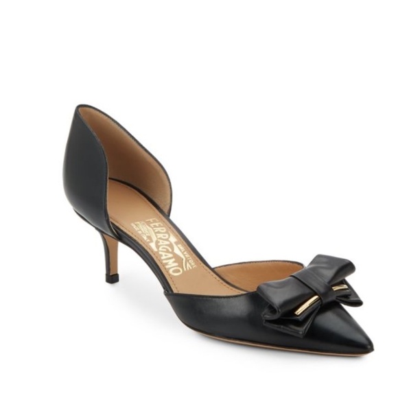 Salvatore Ferragamo Shoes - Ferragamo Arita leather D’Orsay pump kitten heel 9 black bow point toe